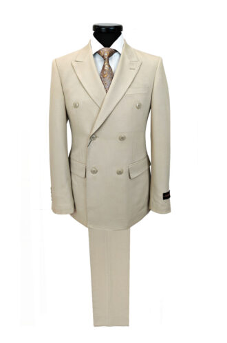 Beige Double-Breasted Slim Fit Suit