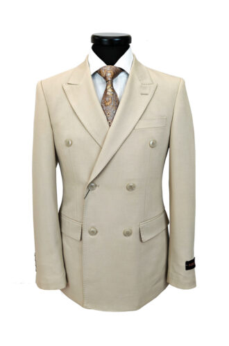 Beige Double-Breasted Slim Fit Suit